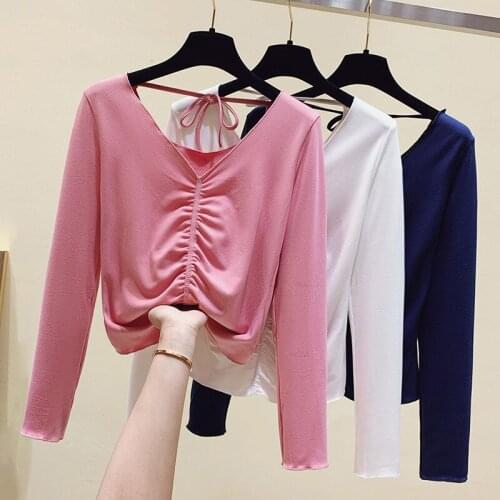 WWENN Spring Hollow Out Shirring Tshirt Long Sleeve T-shirt Women White Blue Pink Tee Shirt Femme Clothing Korean Tops Women