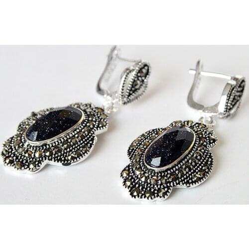 VINTAGE 925 SILVER BLUE SAND STONE MARCASITE EARRINGS 11/2"