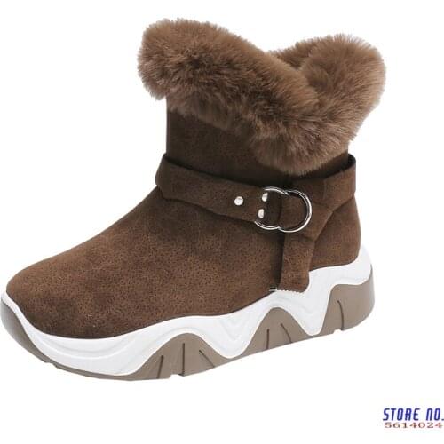 Women Boots Quality Faux Suede Booties Woman Warm Plush Winter Ladies Shoe Ankle Buckle Strap Flat Heels Platform Boots
