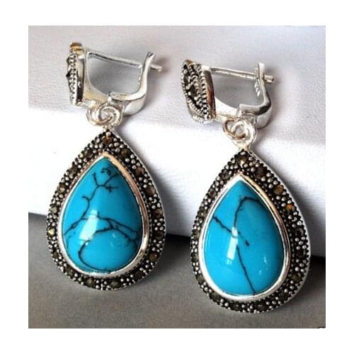 Lovers women good Hot Sale Silver Jewelry Blue turquoise Marcasite Teardrop Earrings