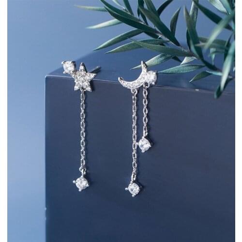 925 Sterling Silver Dangle Earrings For Women Cubic Zirconia Star Moon Asymmetric Earring Jewelry Accessories Valentine Day Gift