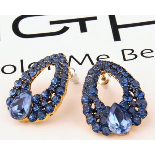 Luxury vintage Blue Crystal Oval Stud Earrings For Women Natural Stone Fashion Big Earrings Piercing Jewelry Bijoux