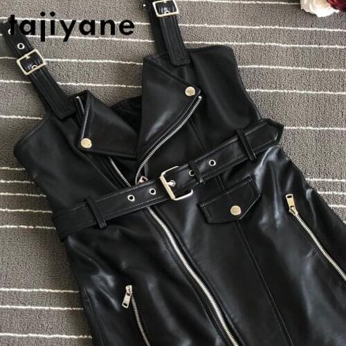 Tajiyane Womens Summer Sundress Real Sheepskin Mini Dresses for Women Genuine Leather Dresses Woman Dress Vestidos TN2873