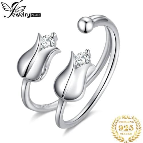 JewelryPalace Happiness Lily Flower Cubic Zirconia Open Adjustable Ring 925 Sterling Silver Ring Band Fashion Jewelry