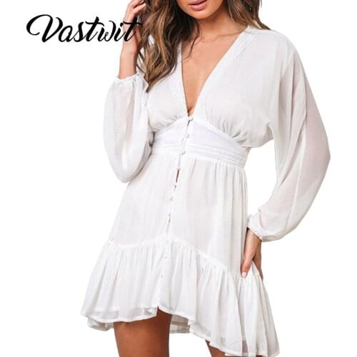 Women Sexy White Mini Dress Elegant Long Sleeve Loose Waist Wedding Party Ruffle Dresses
