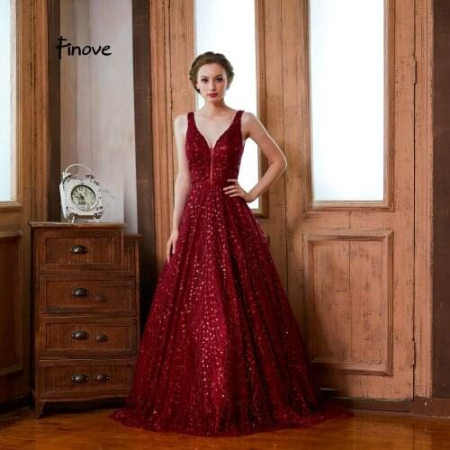 Finove Evening Dress Long 2020 Robe de soiree Wine Red Reflective Dress Sequined Sexy V Neck A Line Formal Party Woman Dress