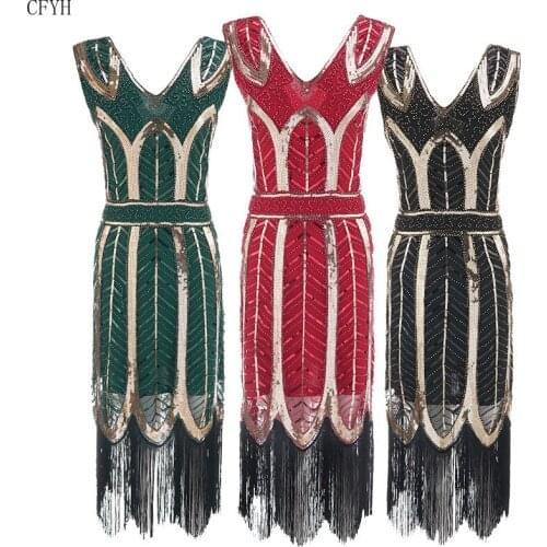 1920s Vintage Flapper Great Gatsby Party Dress V-Neck Sleeveless Sequin Beaded Style Tassel Flapper Vestidos Feminina 1920