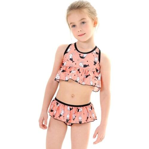 2Pcs Set Rabbit Print Girls Swimwear Cute Sleeveless Kids Swimsuit with Bottoms Summer Ruffle Animal Beachwear Bikini