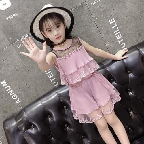 Girls Summer Clothes Set 2020 New Kids Chiffon Lace Suit Female Kids Gauze Spliced Hollow Out Fashion Ruffles 2 Pcs Twinset X388