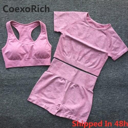 Women Short Sleeve Yoga Set 3 Piece Vital Seamless Sport Bra Suit Gym Clothes Fitness Crop Tank Top Shirt High Waist Shorts