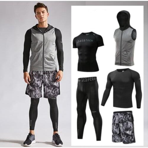 Summer Gym Fitness Clothes Suit Mens Running Sports Quick-drying Tights Training Basketball Sport Jogging Four-piece Suit