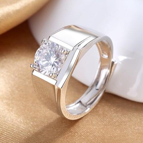 Silver Plated Men AAA Cubic Zirconia Ring Simple CZ Round Cut Crystal Adjustable Ring Fashion Men Wedding Engagement Jewelry
