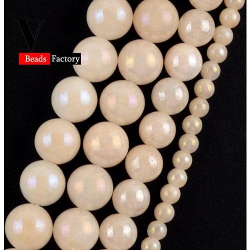 Natural Yellow White Jades Plating AB Gem Baeds For Jewelry Making 4 6 8 10mm Round Beads DIY Necklace Bracelets Accessories 15"