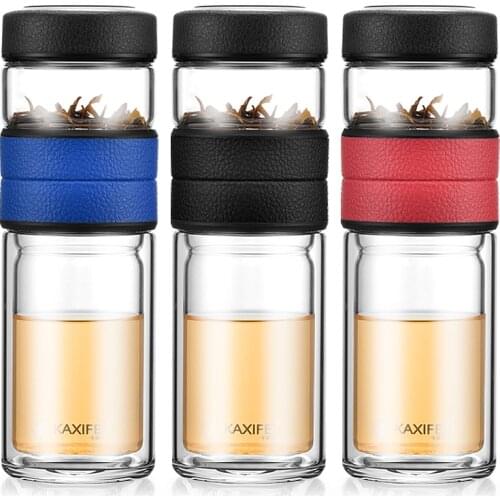 2019 New Business Type Water Bottle Glass Bottle with Stainless Steel Tea Infuser Filter Double Wall Glass Sport Water Tumbler
