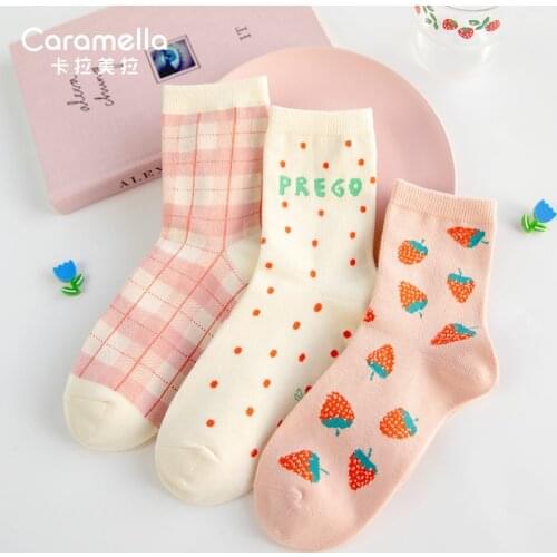 Caramella 3Pairs/lot 2020 New Women Socks Sweet Strawberry Socks Autumn Winter Cotton Hosiery Soft High Stretch Girls Socks