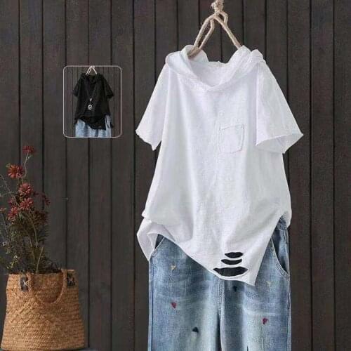 Cotton 2021 New Loose Cotton Short-sleeved T-shirt Solid Color Women Summer Hooded Half-sleeved Literary Hole Casual Top