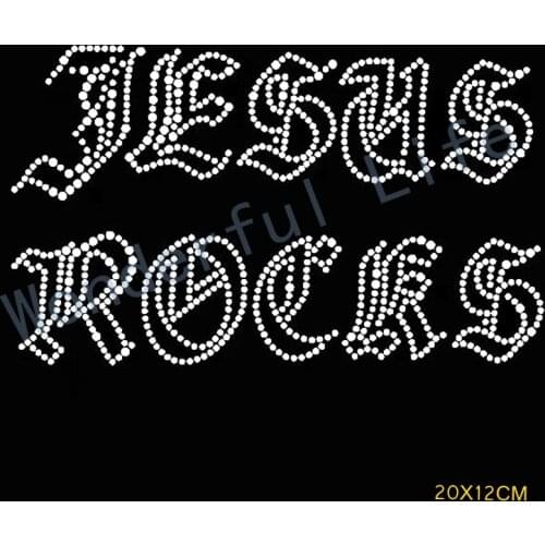 New Free shipping 30pcs/lot JESUS ROCKS IRON ON TRANSFER CLEAR RHINESTONE CRYSTAL DIAMANTE DESIGN (only transfer)