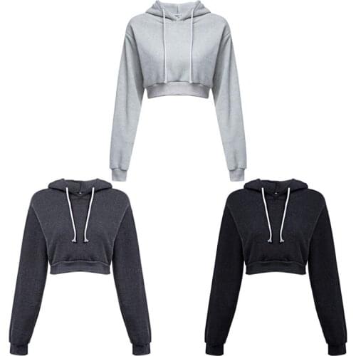Autumn Women Solid Crop Long Sleeve Black Gray Hooded Pullover Coat Casual Harajuku Female Sweatshirt Top 3 Colors