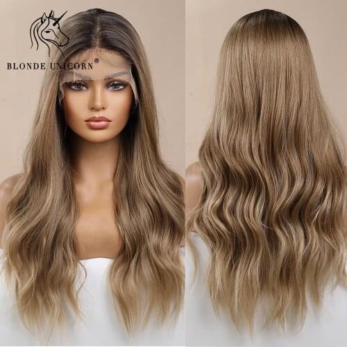 Blonde Unicorn Long Ombre Blonde Brown Lace Part Synthetic Wig with Baby Hair Women Natural High Density Heat Resistant Fiber