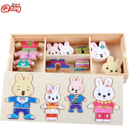 72pcs Cartoon 4 Rabbit Dress Changing Jigsaw Puzzle Wooden Toy Montessori Educational Change Clothes Toys For Children Gi
