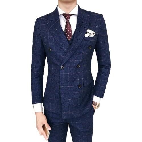 Jacket + Vest + Pants ) Classic Plaid Suit Double Breasted Lapel Business Casual Professional Mens Suit Groom Wedding Dress