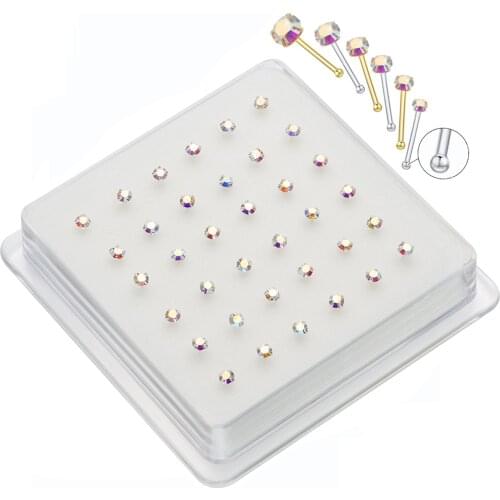 Lot Of 36Pcs 925 Sterling Silver Nose Studs Nose Pin Piercing Nostril Claw Set AB Stone Nose Body Jewelry Piercing Nariz Plata