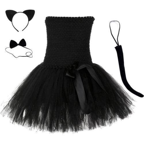 NewBlack Cat Girls Tutu Dress Headwear Tail Animal Girl Birthday Party Dresses Kids Girls Halloween Performance Cosplay Costumes