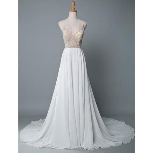 Simple Wedding Dress A Line V Neck Sleeveless Embroidered Chiffon Bridal Dresses With Train