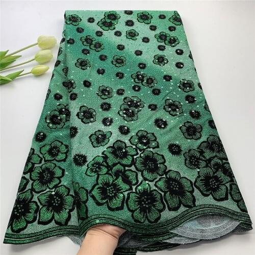 Luxury Laser-Cut Flocking Velvet African Lace Fabric 5 Yards 2021 High Quality Sequin Embroidery Nigerian Robe Material JHS60
