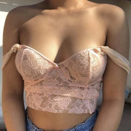 Lace Pink Y2K Aesthetic 90s Sleeveless Crop Top Women Bow Frill Ruffles Cami Tops Tees Ladies Embroidery Streetwear Summer