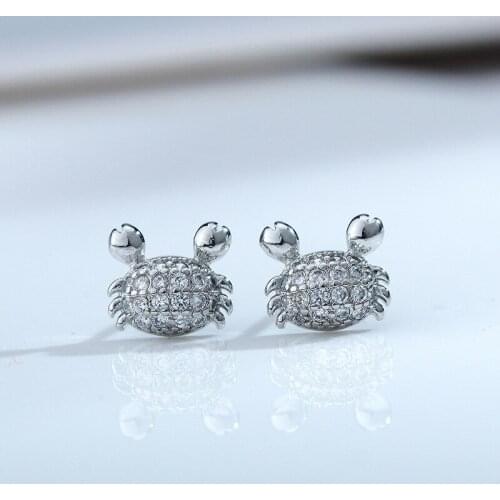Womens Silver Color Cute Crab Stud Earrings Full Zircon Crystal Earrings Party Jewelry Daily Earrings Fashion Accessories
