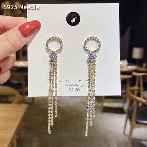 925 Sterling Silver Needle Long Dangle Drop Earrings for Women Jewelry Shining Micro Paved Rhinestone Female Tassel Earrings