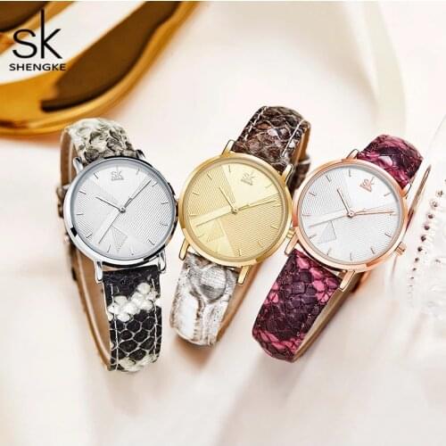 Shengke 2021 Snake Leather Strap Womens Watches Fasion Womens Quartz Watch 3 Colors Girls Watches with Gift Box