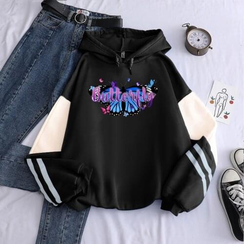 KPOP Album LOONA Butterfly Hooded Sweatshirts Korean Harajuku Streetwear Fashion Unisex Oversized Black Patchwork Hoodie Male