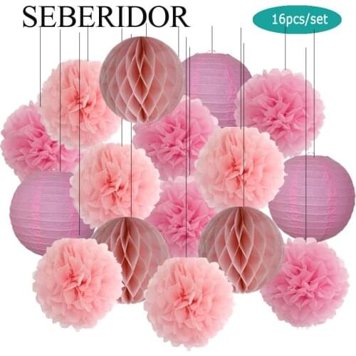 Wedding Party Decoration Pink White Round Paper Lantern Baby Girl Baptism Blue Honeycomb Ball Holiday DIY Decor Tissue Pom Pom