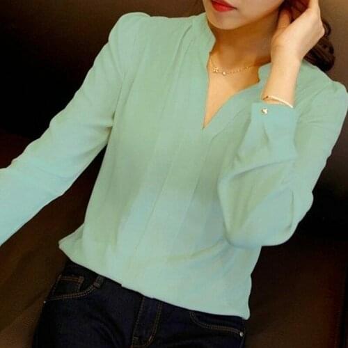 Spring Autumn Blouse Shirts Women V Neck Tops Long Sleeve Chiffon Work Wear