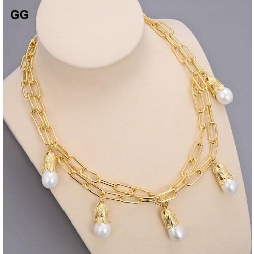 GuaiGuai Jewelry Natural White Sea Shell Pearl Gold Color Plated Flower Chain Pendant Necklace For Women