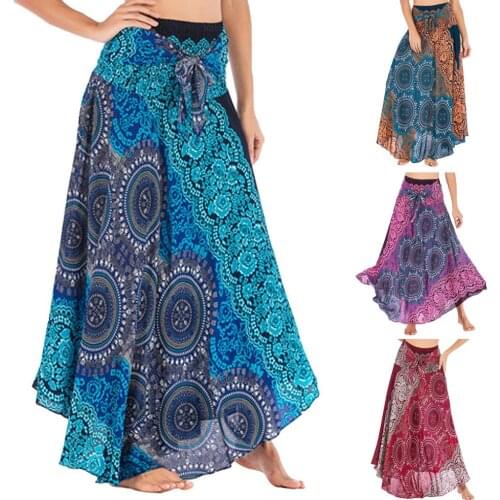 New Women Skirt Design Beach Style Print Long Skirt Hippie Bohemian Gypsy Boho Flowers Elastic Waist Floral #G2