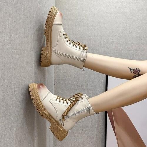 Nice White Platform Thick Bottom Ankle Boots For Women Anterior Lace Up Shoes Spring Autumn Side Zipper British Style Footwer