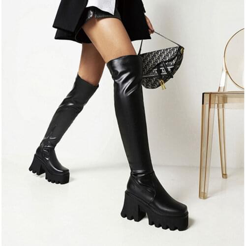 Sgesvier 2021 Women Over the Knee Boots Platform Square High Heel Ladies Thigh Boots PU Leather Zipper Women Fall Winter Boots