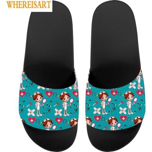 WHEREISART Women Slippers Cute Caroon Nurse Print Green Woman Open Toe Girl Bathroom Flip Flop Casual Summer Beach Ladies Shoe