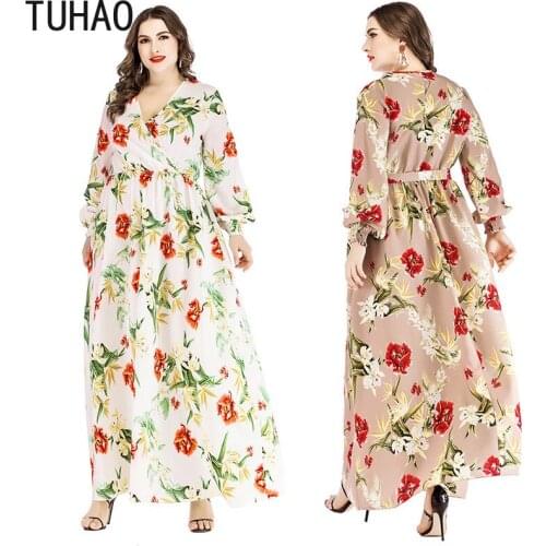 TUHAO Large Size 6XL 5XL Maxi Long Women Bohemian Dress Elegant Vintage Women Dresses Long Sleeve Holidays Party Romantic Dress