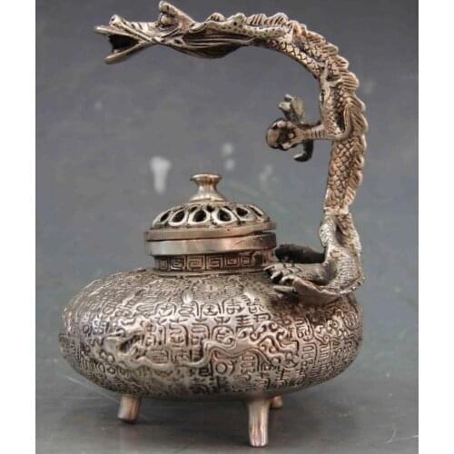 5.5 Tibet Buddhism White Copper Silver Dragon Censer incense burner Statue
