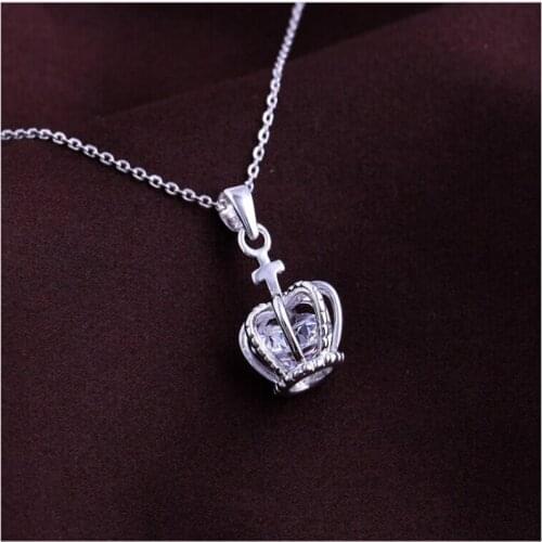 Free Shipping 925 Sterling Silver Jewelry Crown Cross Cubic Zirconia CZ Stone Pendant Necklaces Pink With Rolo Chain