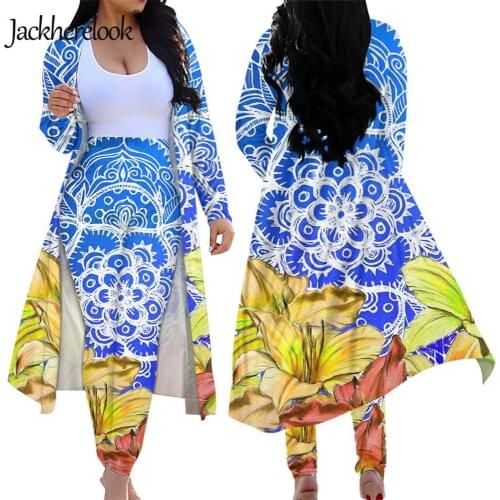Jackherelook Bohemian Mandala Print Loose Open Front Cardigan 2 Set Outfits Pants for Womens High Waist Legging Stretch Pants