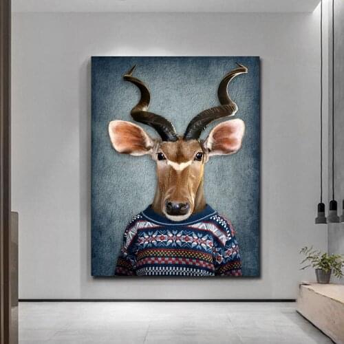 Man With A Head of An Antelope Canvas Painting Animal Posters And Prints Wall Pictures For Living Room Home Cuadros Decoration