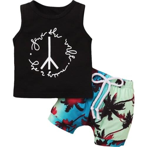 Kid Infant Boys 2-piece Outfit Set Sleeveless Print Tops+Coconut Tree Print Shorts Set Summer