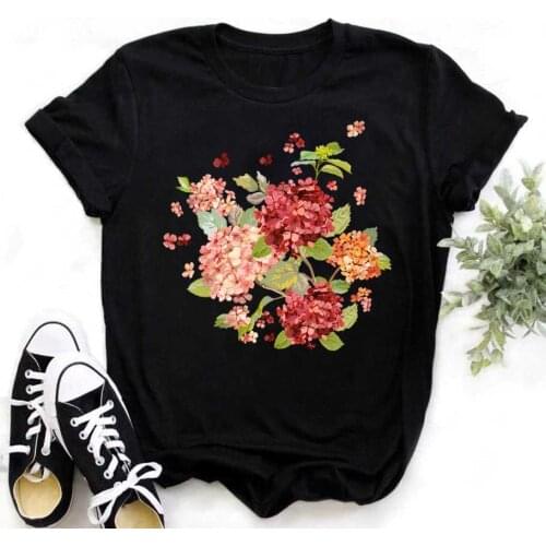 Women T Shirt Flower Printed Tops Tee Female Short Sleeve O-neck T-shirt Black T-shirt Woman Summer Cute Tee Shirts