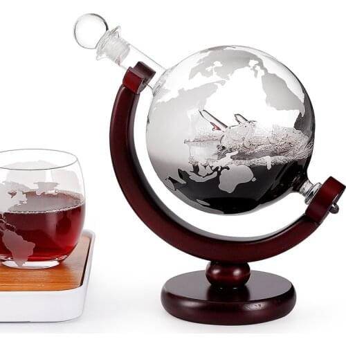 Etched Globe Design Decanter with Engraved Ball Glass for Liquor Whiskey Bourbon EIG88