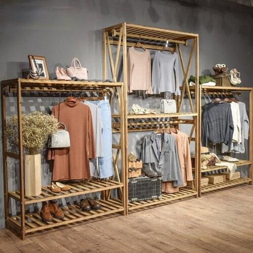 Louis Fashion Coat Racks Clothing Store Display Solid Wood Floor Mounted Hanger Retro Womens Clothes Rack Shelf